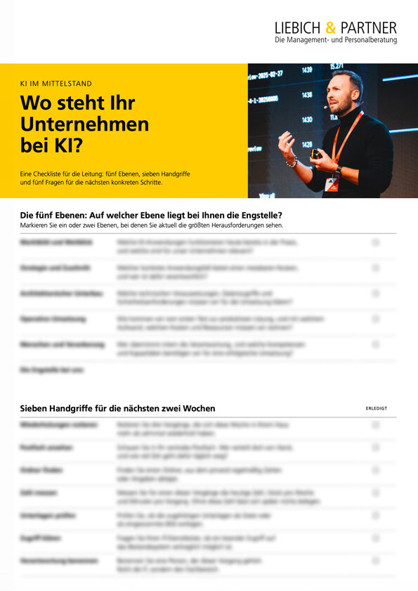 Bild einer Checkliste mit dem Titel "KI im Mittelstand – Wo steht ihr Unternehmen bei KI?"